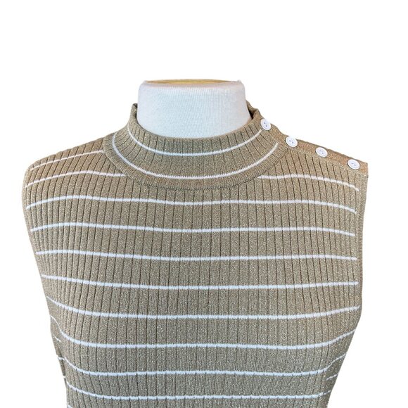 Talbots Sleeveless Ribbed Metallic Gold Stripe Sweater Button Accents XL - Picture 3 of 8